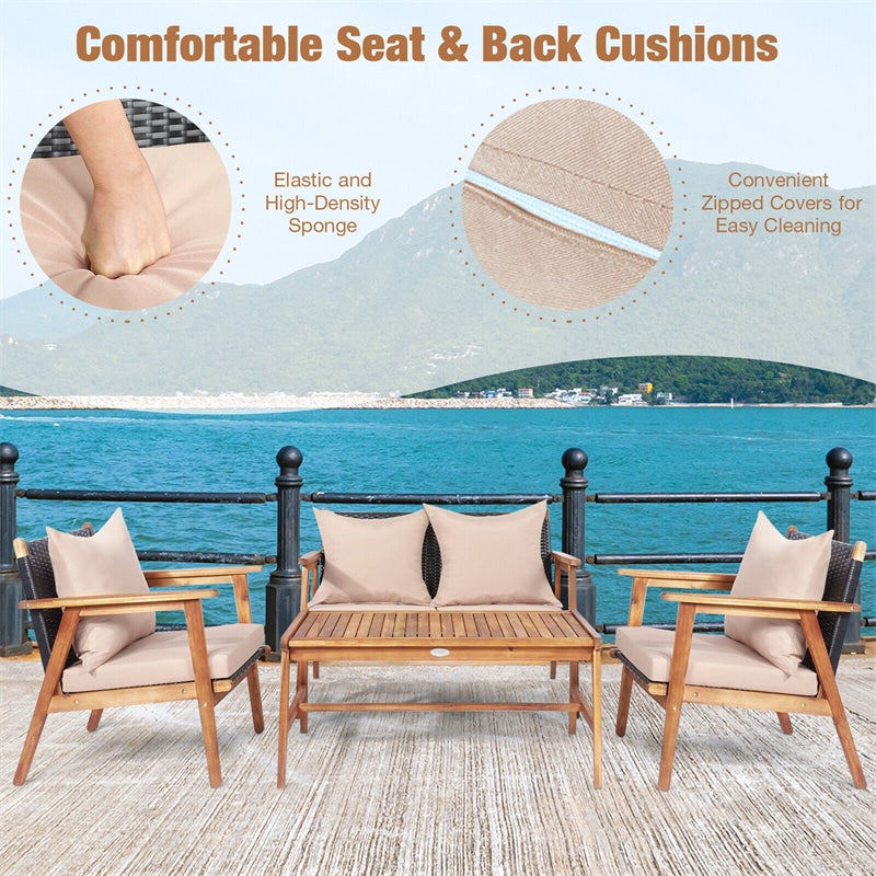 4 PCS Patio Rattan Chat Set Acacia Wood Frame Chair with Cushions & Wooden Coffee Table