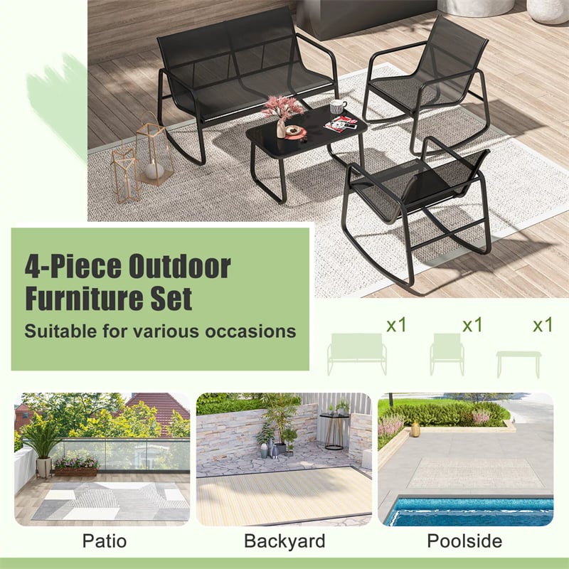 4 Piece Rocking Patio Furniture Set Outdoor Rocker Bistro Set Rocking Chairs & Loveseat with Glass Top Table for Balcony Porch Yard