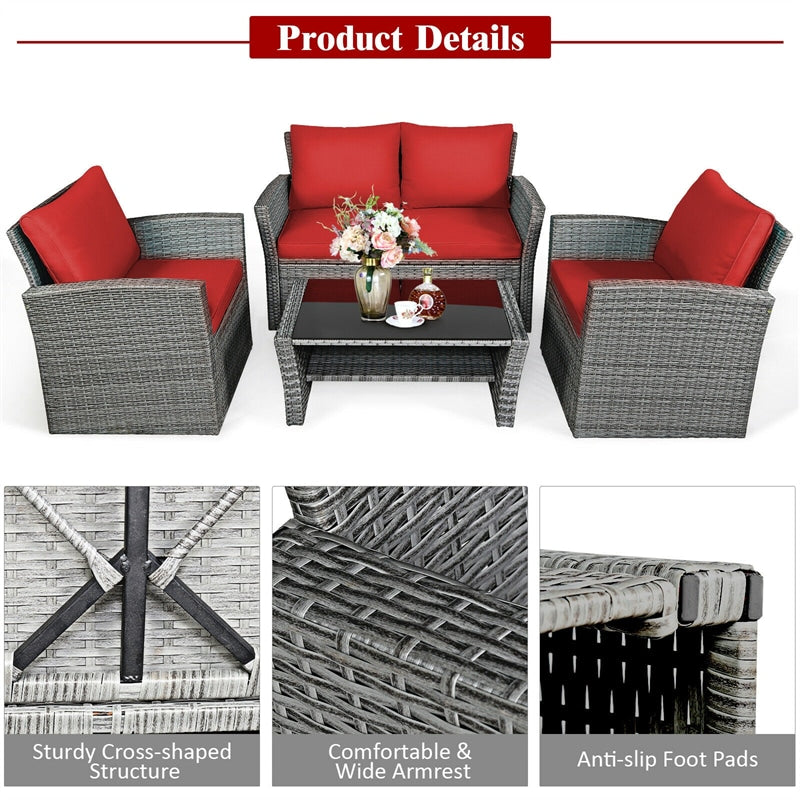 Eletriclife 4 Pcs Patio Rattan Furniture Set Sofa Table with Storage Shelf Cushion