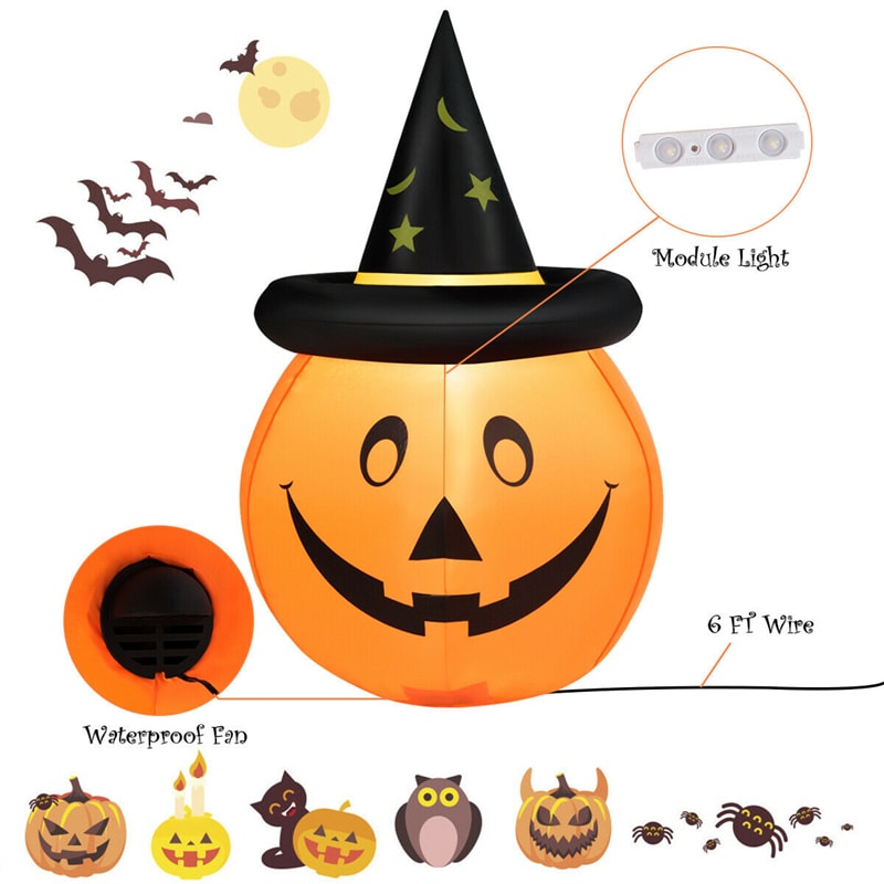 4' Halloween Inflatable Pumpkin Lantern with Witch Hat LED Light