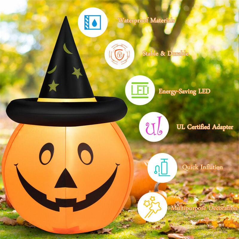 4' Halloween Inflatable Pumpkin Lantern with Witch Hat LED Light