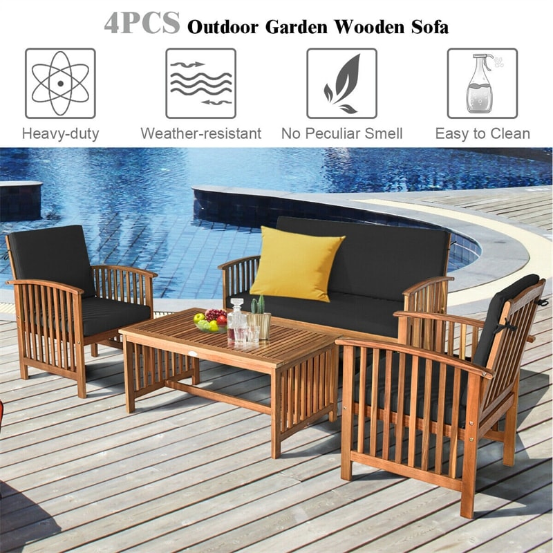 4 Pcs Outdoor Acacia Wood Patio Sofa Set with Coffee Table & Padded Cushions