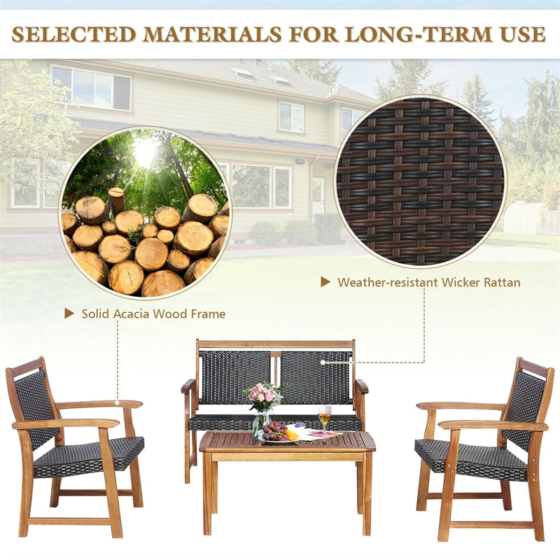 4 Pcs Outdoor Rattan Patio Conversation Set with Acacia Wood Coffee Table & Chairs