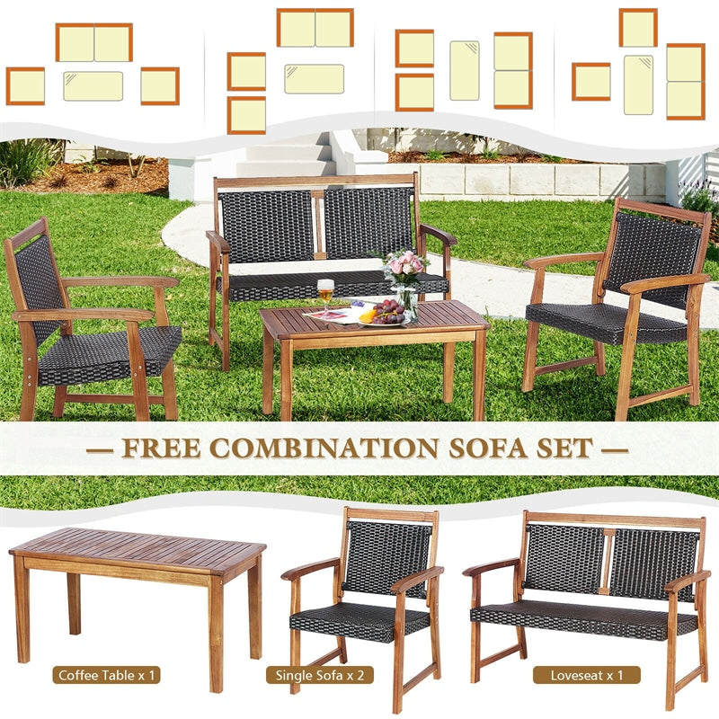 4 Pcs Outdoor Rattan Patio Conversation Set with Acacia Wood Coffee Table & Chairs