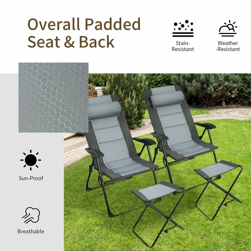 4 Pcs Patio Folding Recliner Chair Ottoman with Adjustable Backrest and Mesh Bag