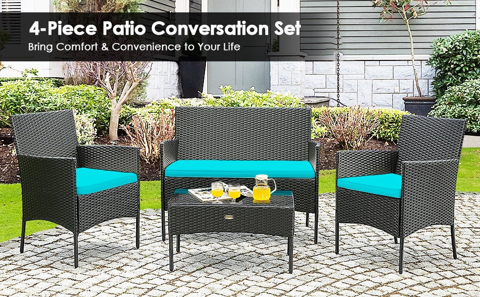 4 Pcs Wicker Patio Conversation Set with Loveseat & Tempered Glass Coffee Table