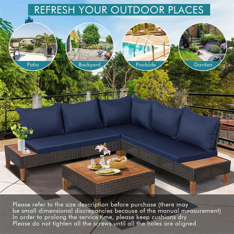 4 Piece Acacia Wood Outdoor PE Rattan Sectional Sofa Set with Coffee Table