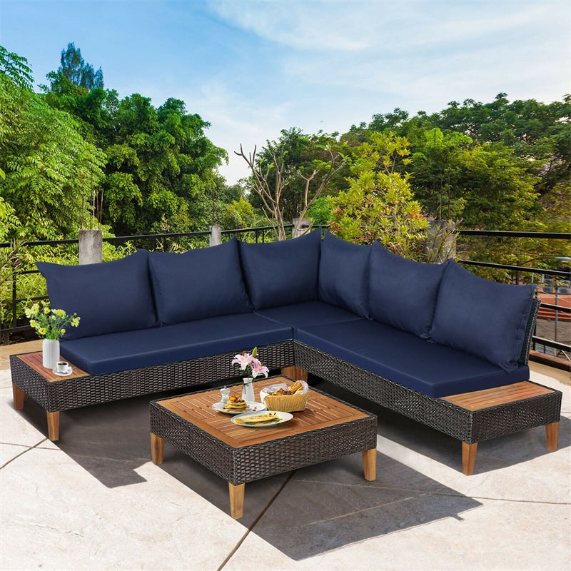 4 Piece Acacia Wood Outdoor PE Rattan Sectional Sofa Set with Coffee Table