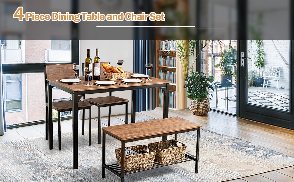 4 Piece Modern Kitchen Dining Table Set with Bench and 2 Chairs
