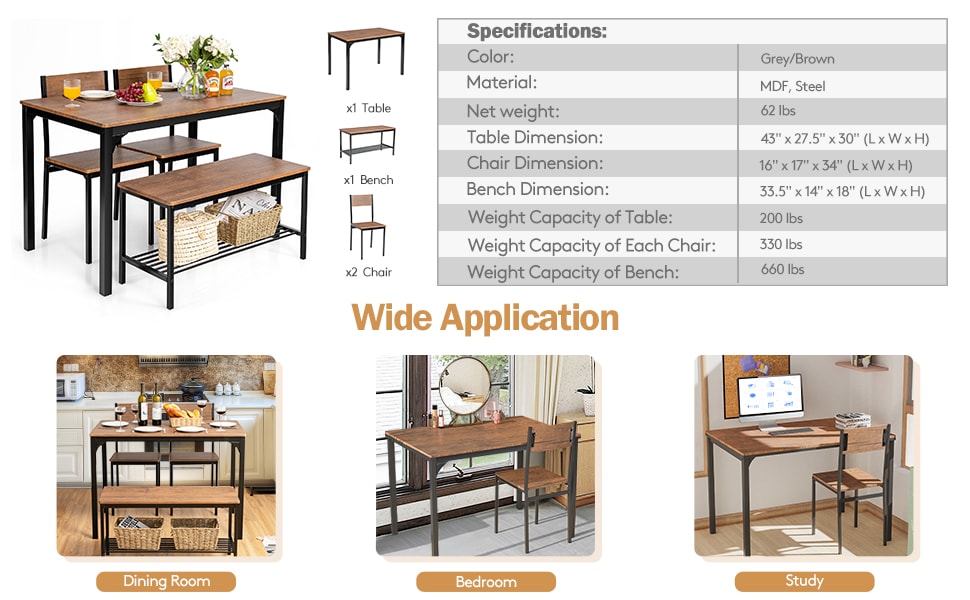 4 Pieces Modern Functional Kitchen Dining Table Set Dinette Set with Storage Rack