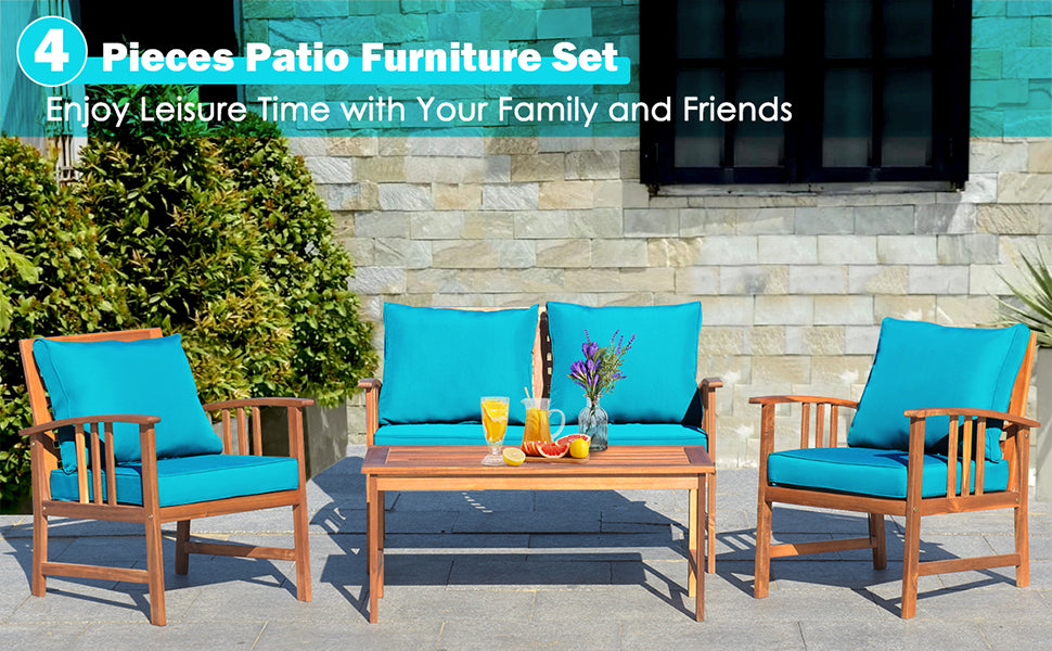 4 Piece Outdoor Acacia Wood Patio Conversation Set with Coffee Table