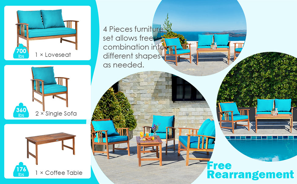 4 Piece Outdoor Acacia Wood Patio Conversation Set with Coffee Table