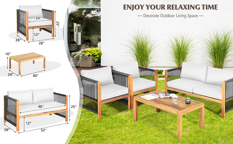 4 Piece Outdoor Acacia Wood Patio Conversation Sofa Set with Coffee Table & Cushions