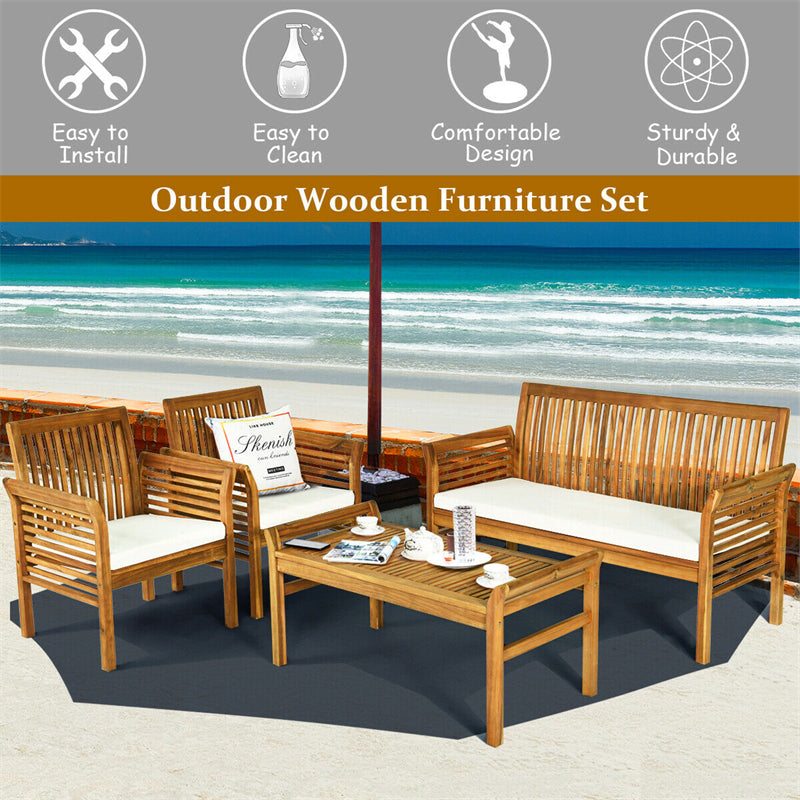 4 Piece Outdoor Acacia Wood Sofa Furniture Set Patio Conversation Set with Coffee Table & Cushions