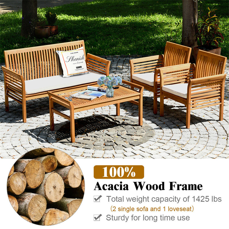 4 Piece Outdoor Acacia Wood Sofa Furniture Set Patio Conversation Set with Coffee Table & Cushions