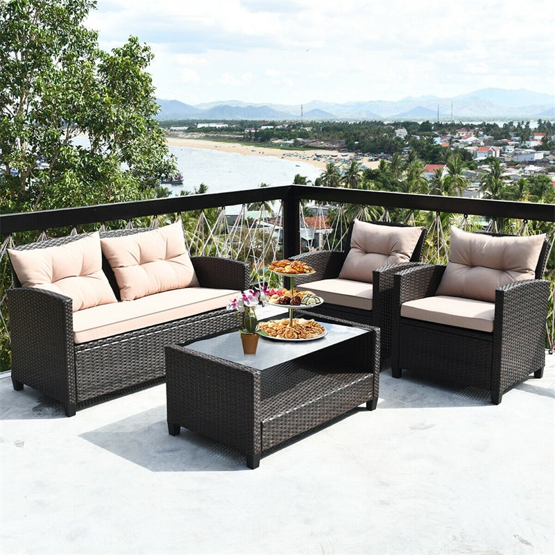 4 Piece Outdoor Rattan Furniture Set Cushioned Sofa Armrest Table with Lower Shelf