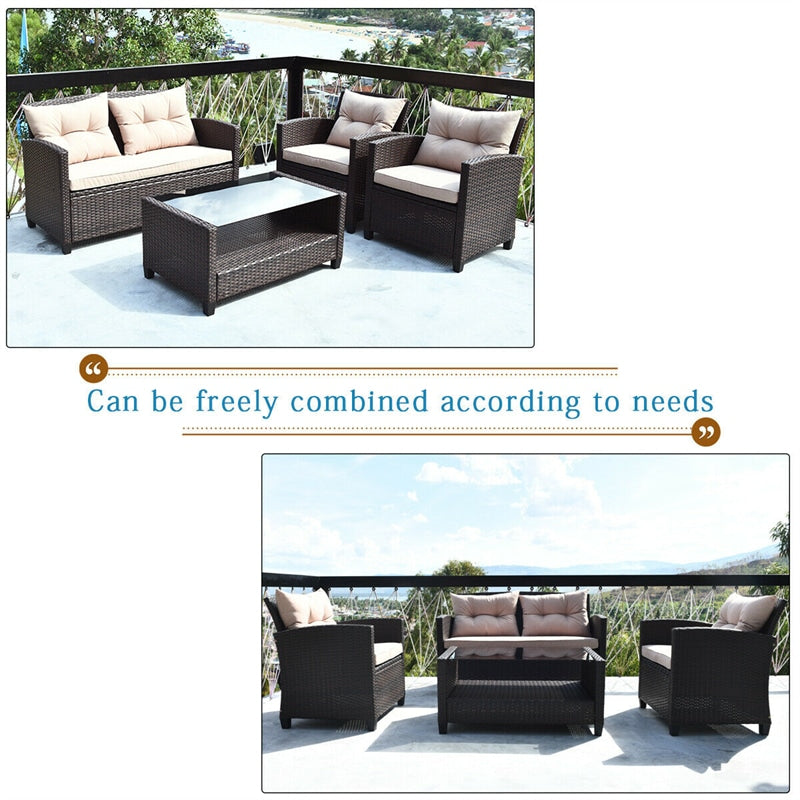 4 Piece Outdoor Rattan Furniture Set Cushioned Sofa Armrest Table with Lower Shelf