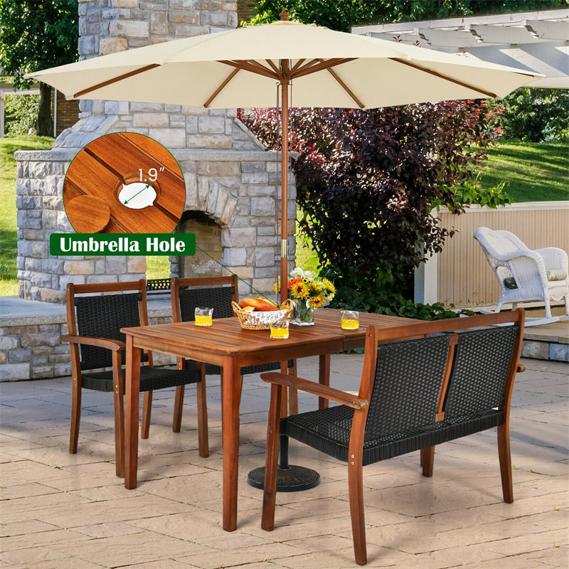 4 Piece Outdoor Rattan Patio Dining Furniture Set with Acacia Wood Table & Umbrella Hole