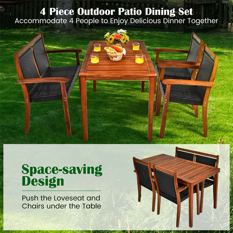 Eletriclife 4 Pieces Patio Rattan Dining Furniture Set with Acacia Wood Frame Chair