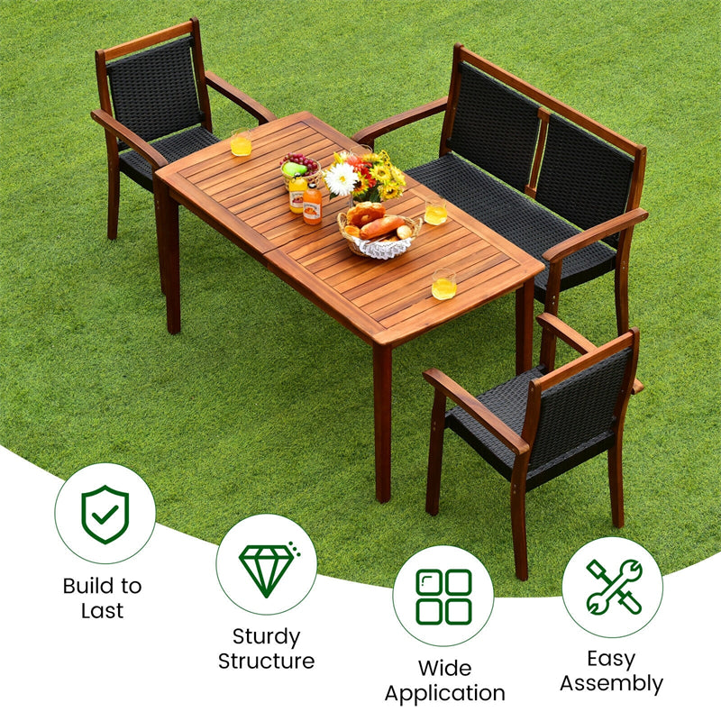 4 Piece Outdoor Rattan Patio Dining Furniture Set with Acacia Wood Table & Umbrella Hole