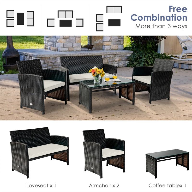 4 Piece Patio Rattan Conversation Set Cushioned Furniture Set with Loveseat & Coffee Table