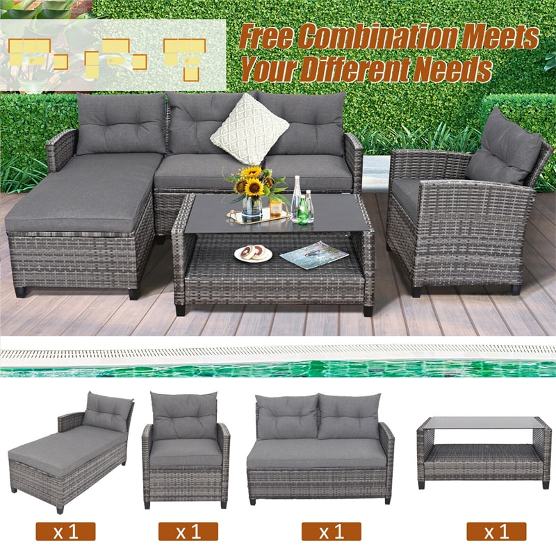 4 Piece Rattan Patio Conversation Set Sectional Sofa Set with Coffee Table & Cushions