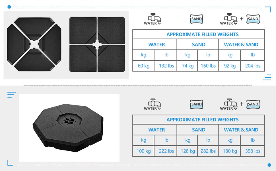4 Piece Cantilever Offset Patio Umbrella Base Weight Filled Water Sand