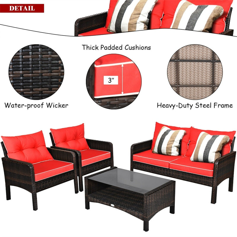 4 Piece Wicker Outdoor Furniture Set Rattan Patio Conversation Set with Coffee Table & Cushions