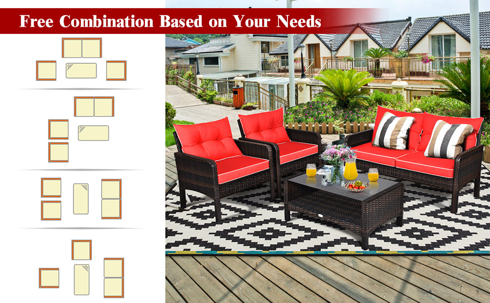 4 Piece Wicker Outdoor Furniture Set Rattan Patio Conversation Set with Coffee Table & Cushions