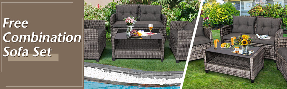 4 Piece Wicker Patio Conversation Set with Coffee Table & Cushioned Sofa