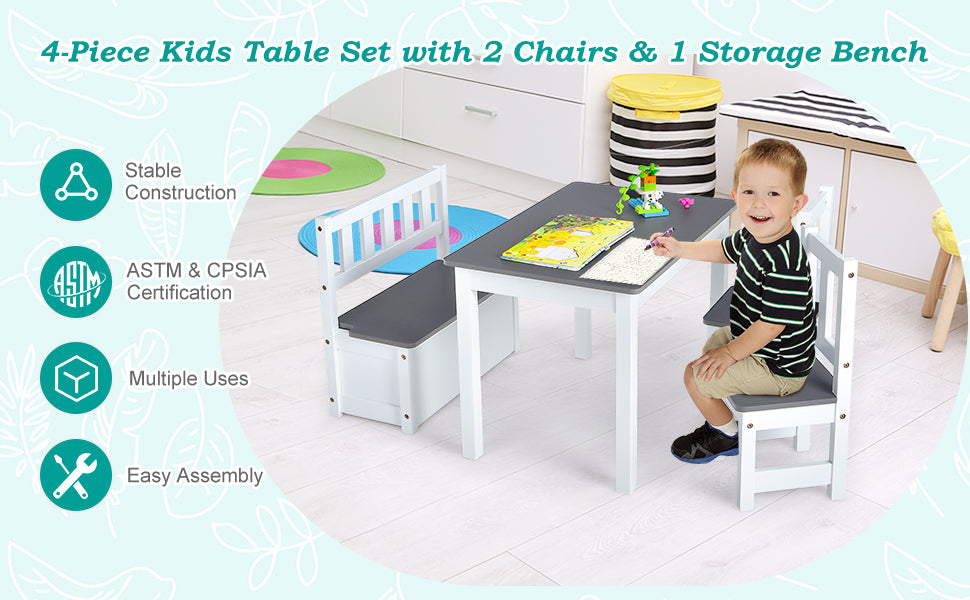 4 Piece Wooden Kids Activity Table & Chairs Set with Toy Storage Bench for Children Playroom