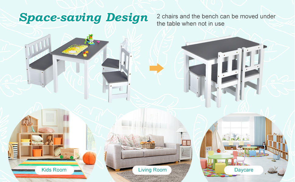 4 Piece Wooden Kids Activity Table & Chairs Set with Toy Storage Bench for Children Playroom