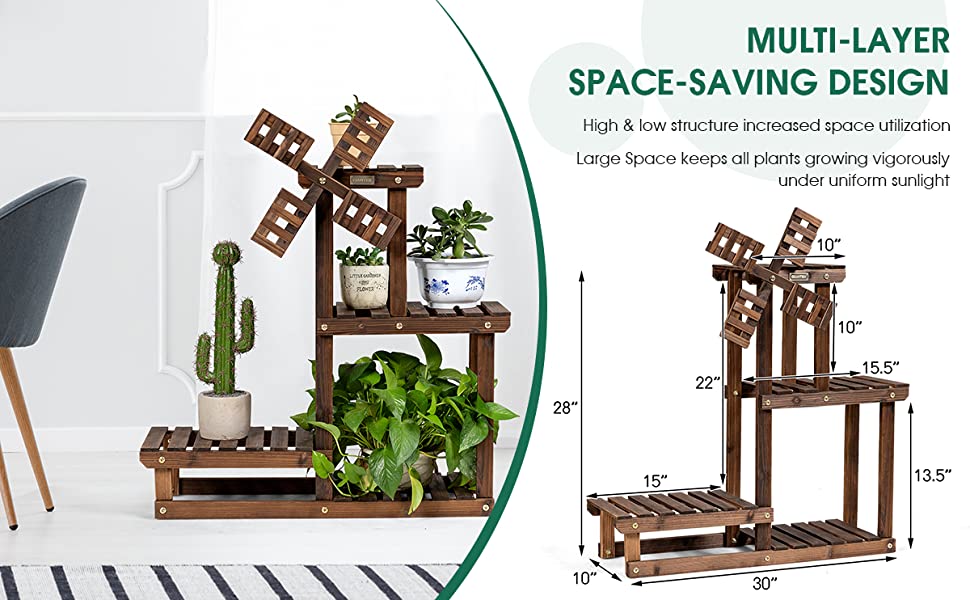 4 Tier Wood Plant Stand Flower Pot Holder with Windmill