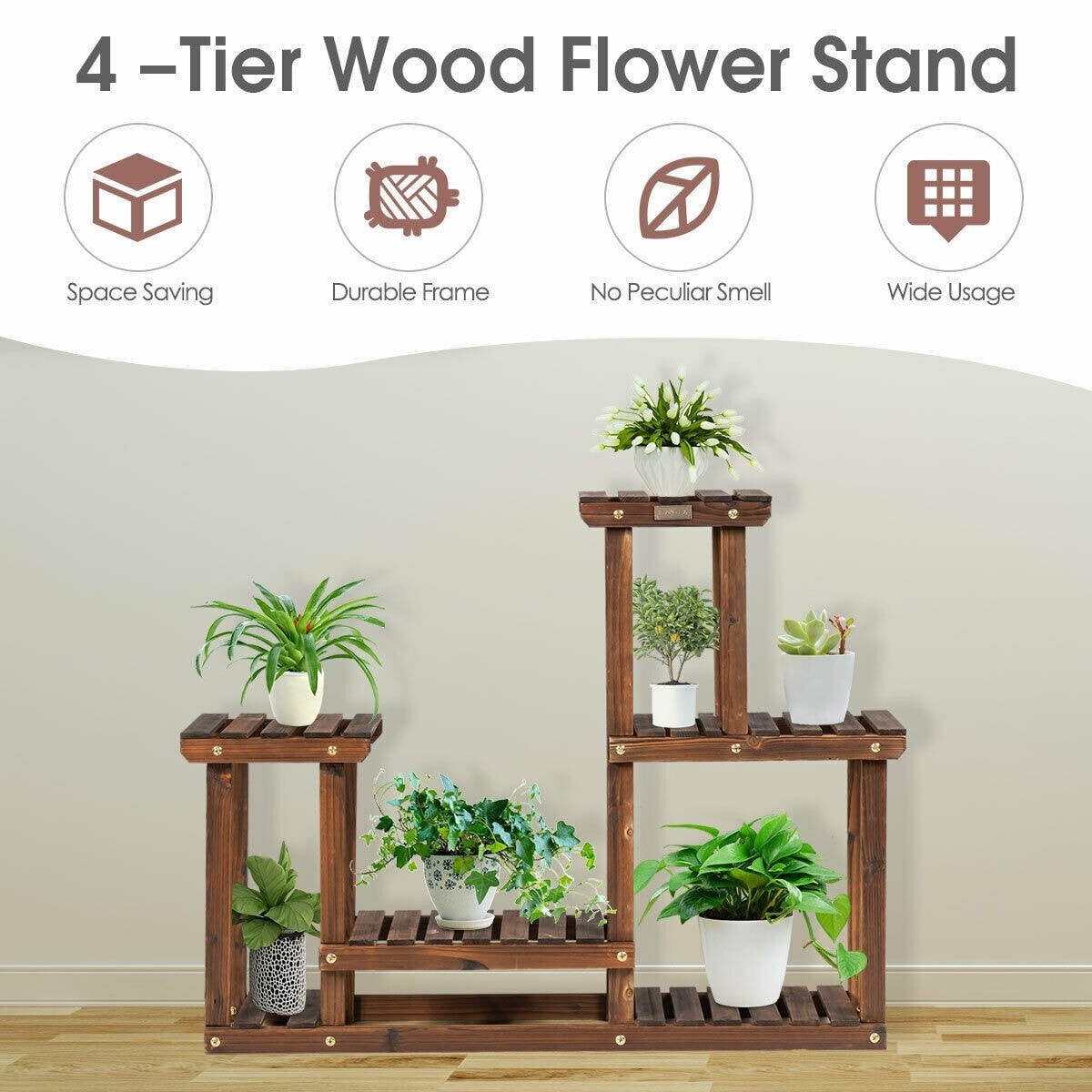 4 Tier Wood Plant Stand Multiple Flower Pot Holder Display Rack