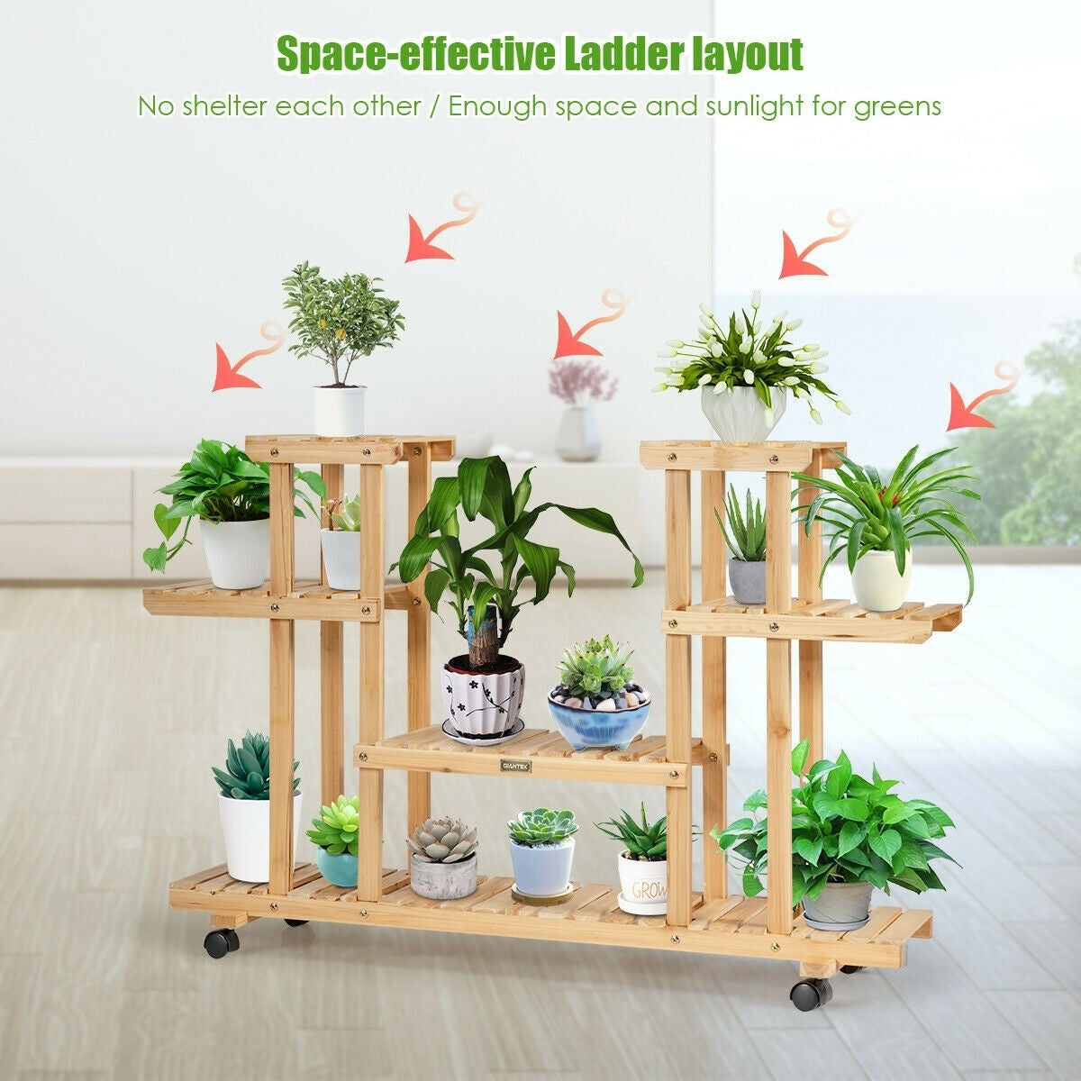 4 Tier Wood Plant Stand Rolling Flower Rack with 6 Wheels