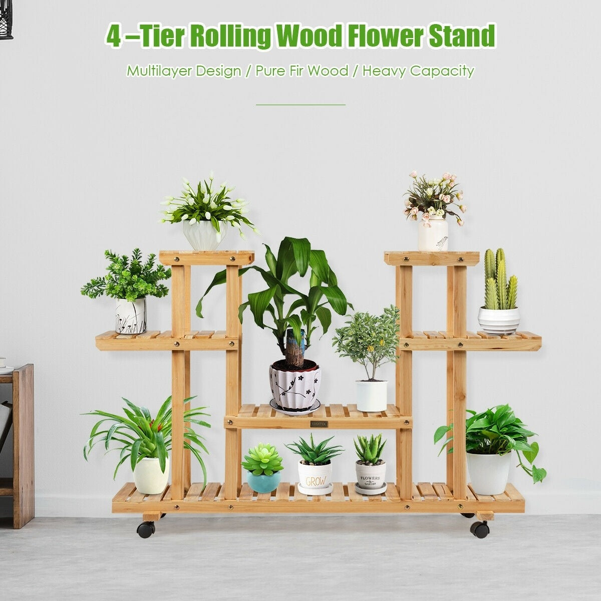 4 Tier Wood Plant Stand Rolling Flower Rack with 6 Wheels