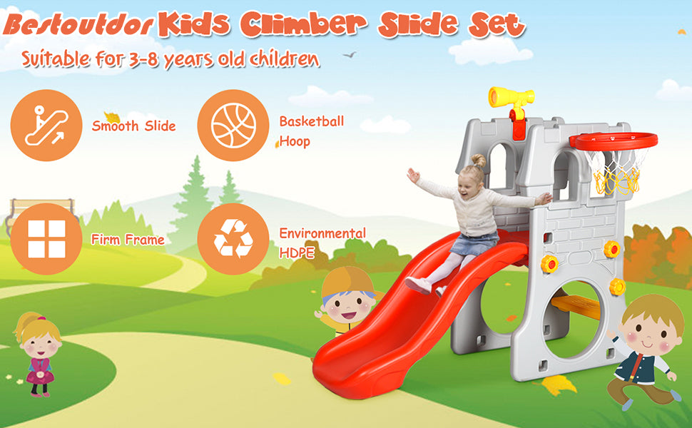 4 in 1 Kids Castle Climber Slide with Basketball Hoop Telescope for Indoor Outdoor