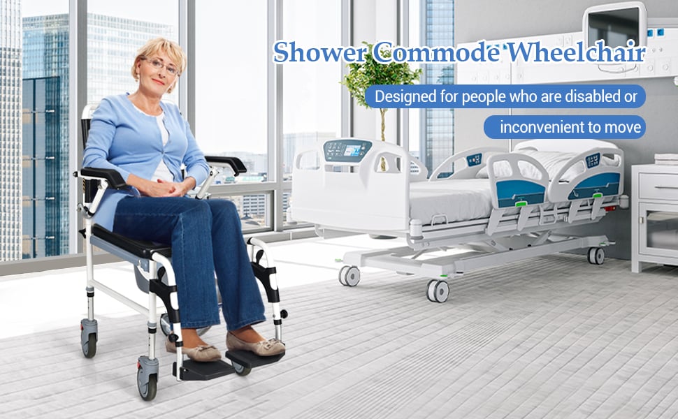 4-in-1 Bedside Commode Chair Shower Commode Wheelchair Padded Mobile Toilet Chair with Detachable Bucket, Height Adjustable, Flip-up Footrest