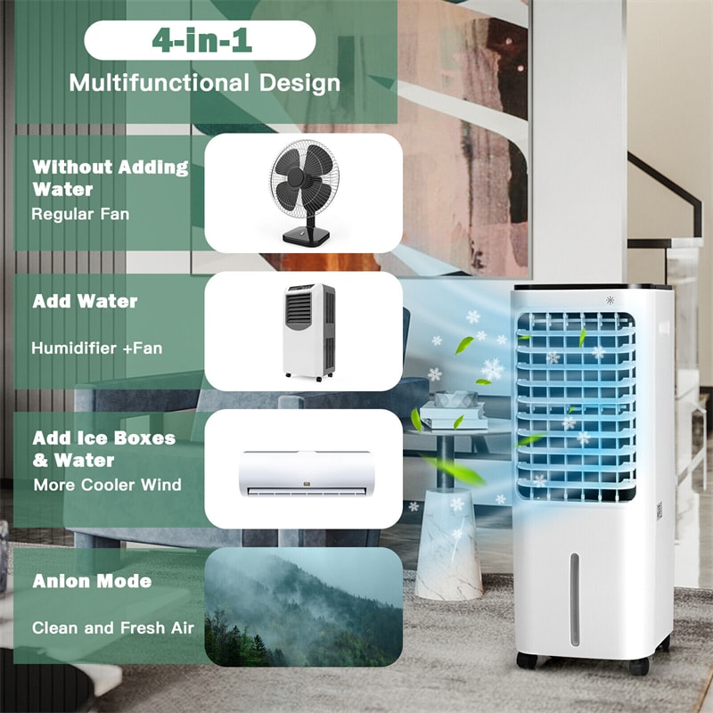 4-in-1 Portable Evaporative Air Cooler Bladeless Cooler with 12L Water Tank 4 Ice Boxes & Remote Control