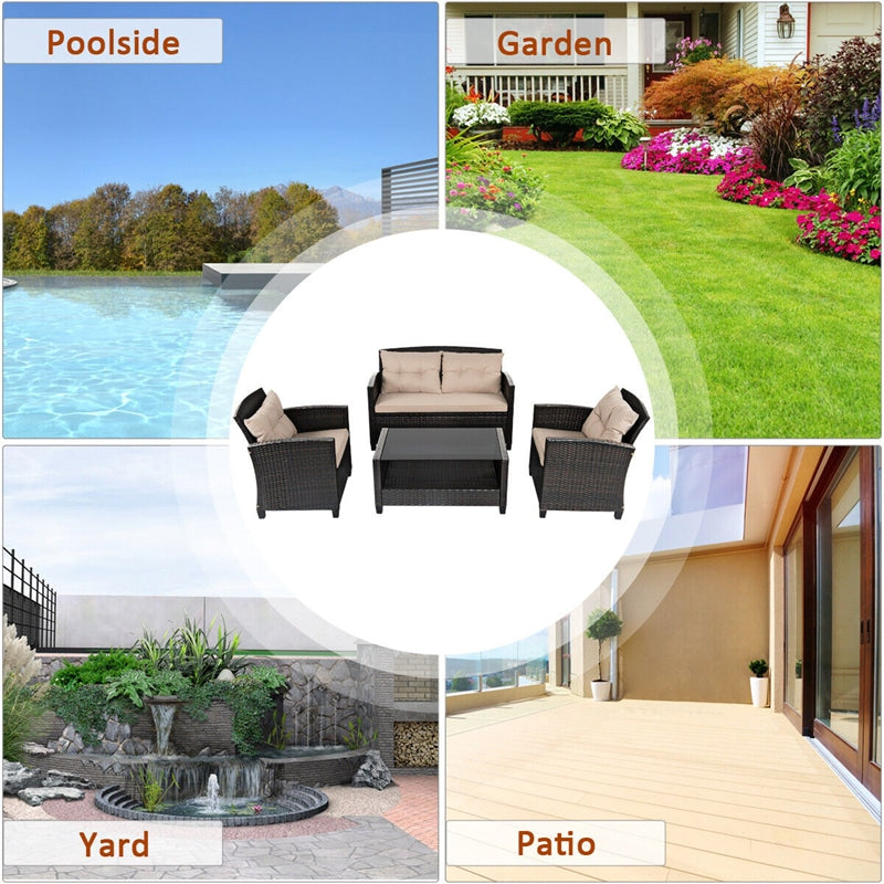 4-Piece Rattan Patio Conversation Furniture Set Outdoor Wicker Sectional Sofa with Cushioned Loveseat Chair & Glass Table