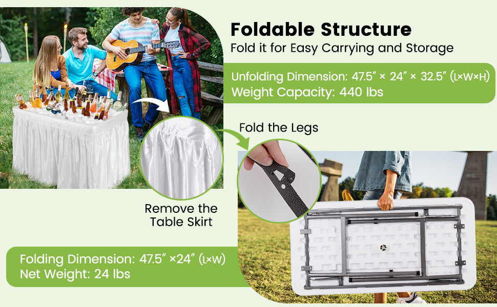 4 FT Folding Ice Cooler Table with Removable Matching Skirt & Drain Hose, Patio Foldable Beverage Cooler Table