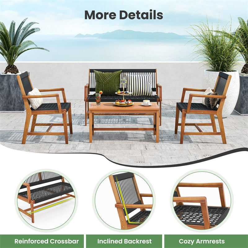 4pcs Acacia Wood Patio Chat Set with Coffee Table & Hand-Woven Rope Loveseat Chairs