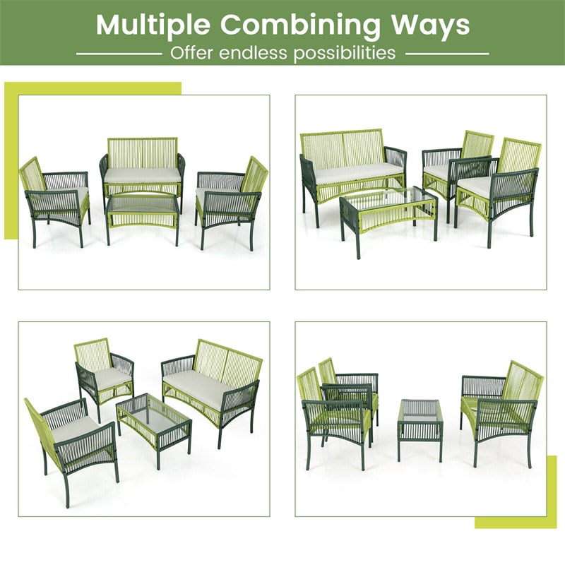 4 Piece Outdoor Rattan Chair Set Metal Frame Wicker Patio Conversation Set with Soft Cushions & Tempered Glass Side Table