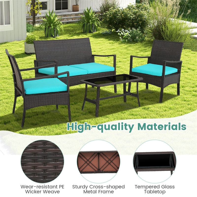 4 Piece Patio Rattan Conversation Set Wicker Chairs Loveseat with Seat Cushions & Tempered Glass Coffee Table