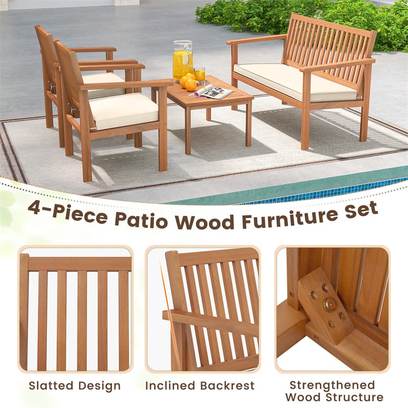 4 Piece Patio Wood Furniture Set Outdoor Acacia Wood Sofa Set with Loveseat, 2 Cushioned Chairs & Coffee Table for Porch Yard Balcony