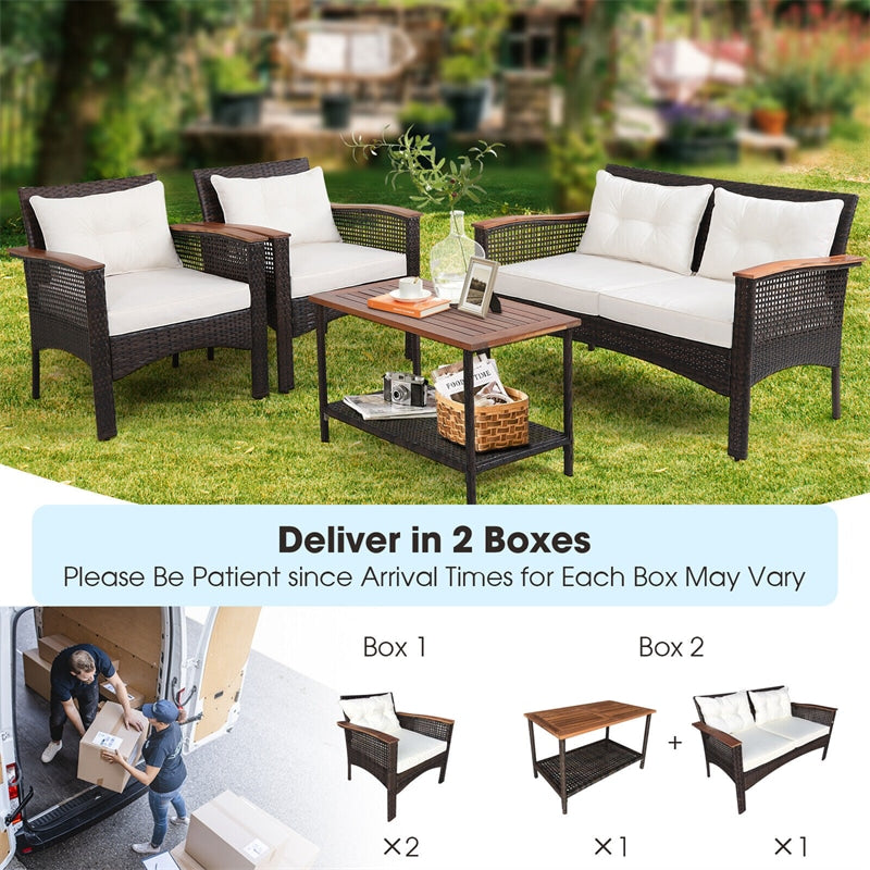 4-Piece Wicker Patio Furniture Set Acacia Wood Outdoor PE Rattan Sectional Sofa Set with Cushions & Coffee Table for Garden Backyard