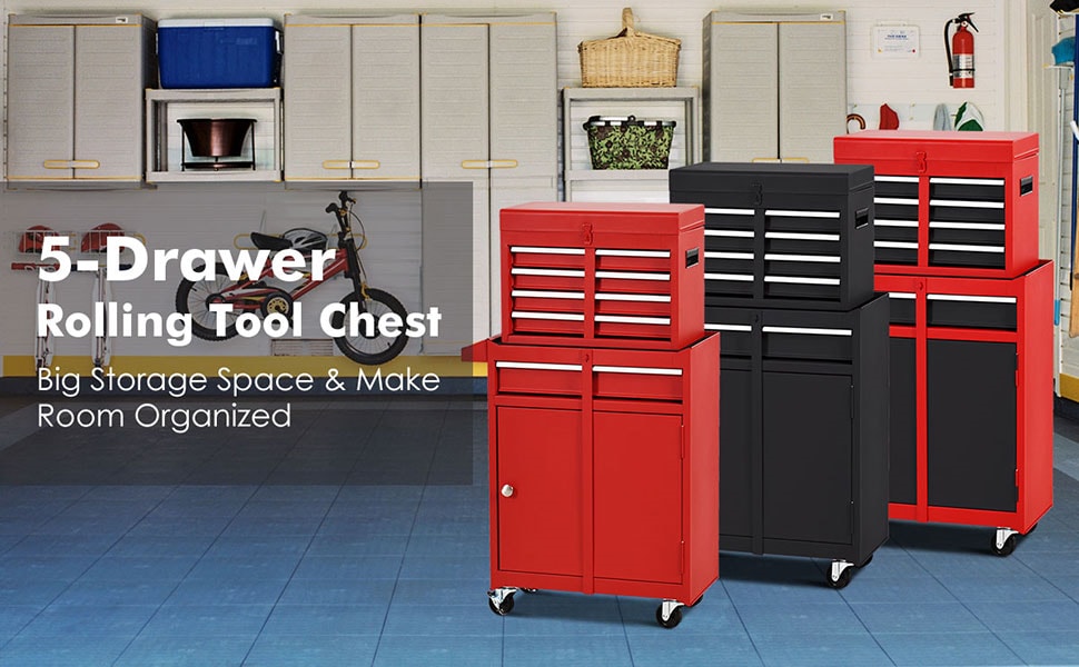 Goplus Rolling Tool Chest, 5-Drawer Tool Box Organizer w/Lockable Wheels &  Sliding Drawers & Detachable Top & Adjustable Shelf, Tool Storage Cabinet
