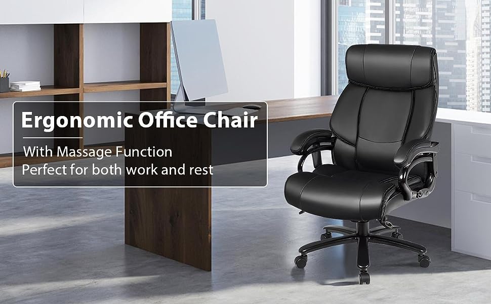 500lbs Big and Tall Office Chair Ergonomic Swivel Executive Chair PU Leather Computer Desk Chair with Massage & Lumbar Support