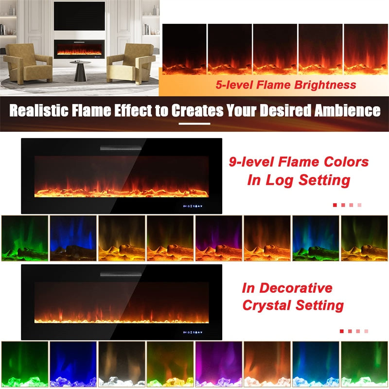 50 Inch Electric Fireplace Insert 5000 BTU Recessed Fireplace with Decorative Crystal & Dual Control