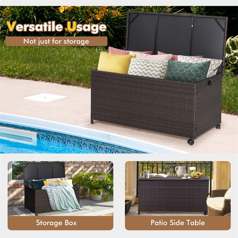 50 Gallon Wicker Deck Storage Box Patio Rattan Storage Container with 2 Universal Wheels & Zippered Liner